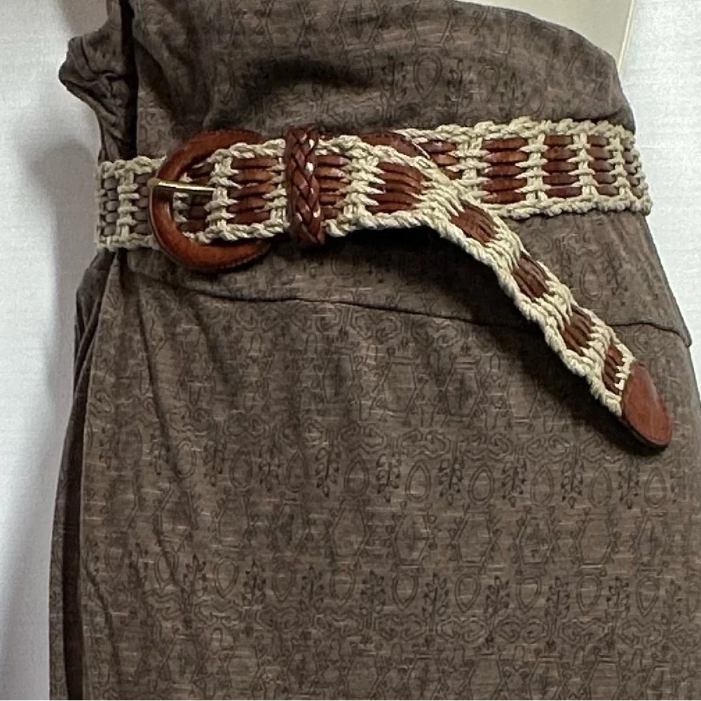 Vintage Liz Claiborne Boho Brown Leather Crochet Jute Interwoven Belt Size Small